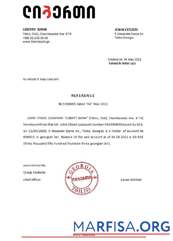 Downloadable Georgia Liberty Bank reference sample